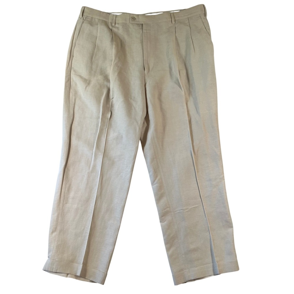 Louis Raphael Rosso Pants Men 42x30 (Fit 42x29) Linen Blend Pleated Cuffed Beige